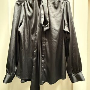 Elegant Black Satin Tie Neck Blouse by Express